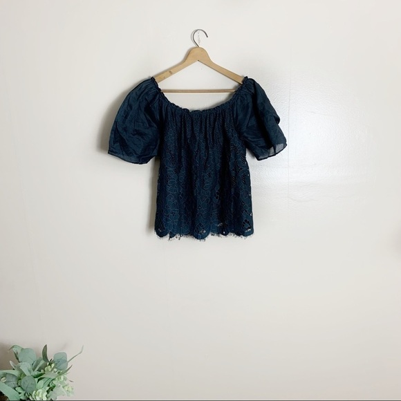 [Moulinette Soeurs] Anthropologie Navy Blue Lace Puff Short Sleeve Top - Picture 9 of 10